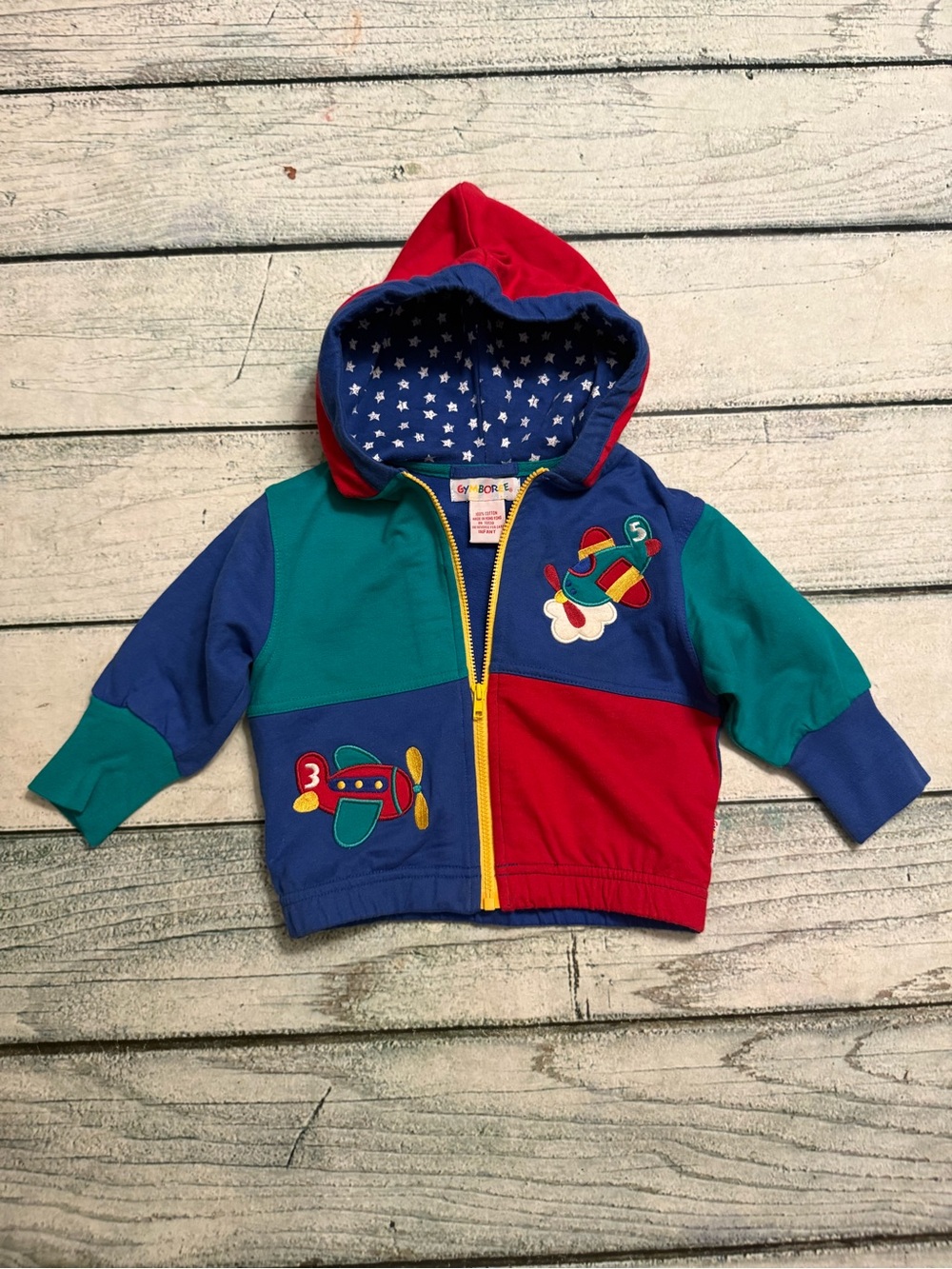 Vintage 90’’s Gymboree color-block hoodie with airplane & train design 12 m